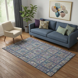 HomeRoots 5' X 8' Washable Medallion Area Rug in Navy Blue, Purple & Teal – UV Resistant, Durable & Stylish 667699