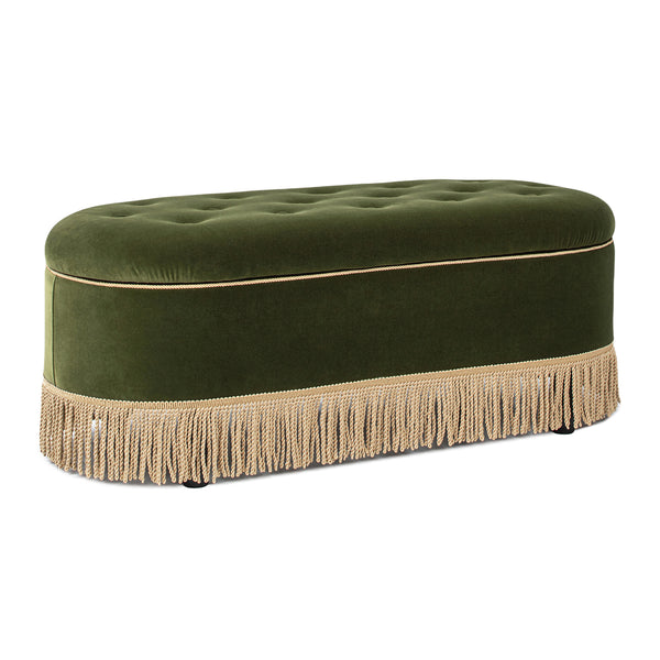English Elm Jennifer Taylor Home - Melinda Oval Tufted Storage Bench with Bullion Fringe, Gold Velvet Upholstery, Vintage Charm Olive Green B2719P238472