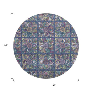 HomeRoots 8' Washable Round Medallion Rug in Navy, Purple & Teal - UV Protected, Stylish & Easy-Care Design 667700