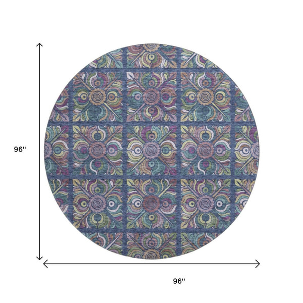 HomeRoots 8' Washable Round Medallion Rug in Navy, Purple & Teal - UV Protected, Stylish & Easy-Care Design 667700