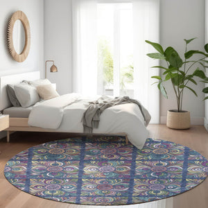 HomeRoots 8' Washable Round Medallion Rug in Navy, Purple & Teal - UV Protected, Stylish & Easy-Care Design 667700
