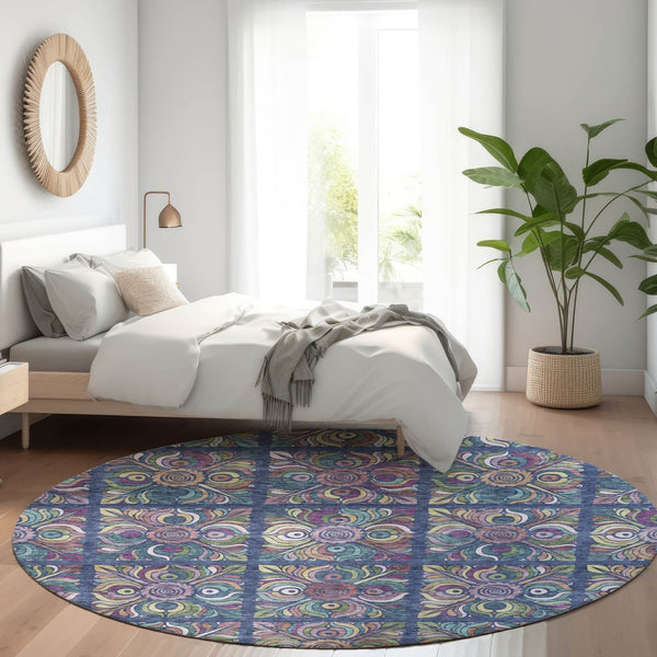 HomeRoots 8' Washable Round Medallion Rug in Navy, Purple & Teal - UV Protected, Stylish & Easy-Care Design 667700