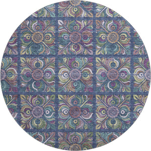 HomeRoots 8' Washable Round Medallion Rug in Navy, Purple & Teal - UV Protected, Stylish & Easy-Care Design 667700