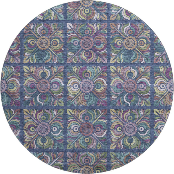 HomeRoots 8' Washable Round Medallion Rug in Navy, Purple & Teal - UV Protected, Stylish & Easy-Care Design 667700