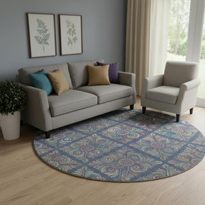 HomeRoots 8' Washable Round Medallion Rug in Navy, Purple & Teal - UV Protected, Stylish & Easy-Care Design 667700