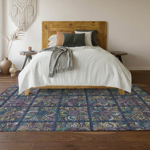 HomeRoots 8' X 10' Medallion Area Rug in Navy Blue, Purple & Teal - Washable, UV-Protected, Stain-Resistant! 667701