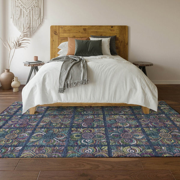 HomeRoots 8' X 10' Medallion Area Rug in Navy Blue, Purple & Teal - Washable, UV-Protected, Stain-Resistant! 667701