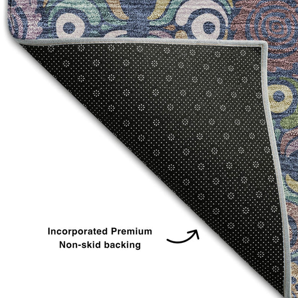 HomeRoots 8' X 10' Medallion Area Rug in Navy Blue, Purple & Teal - Washable, UV-Protected, Stain-Resistant! 667701