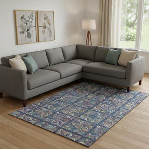 HomeRoots 8' X 10' Medallion Area Rug in Navy Blue, Purple & Teal - Washable, UV-Protected, Stain-Resistant! 667701