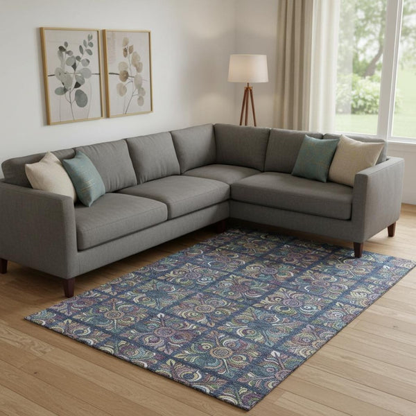 HomeRoots 8' X 10' Medallion Area Rug in Navy Blue, Purple & Teal - Washable, UV-Protected, Stain-Resistant! 667701