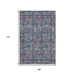 HomeRoots 9' X 12' Vibrant Medallion Area Rug in Navy, Purple, and Teal - Washable, UV-Protected, Durable Design 667702