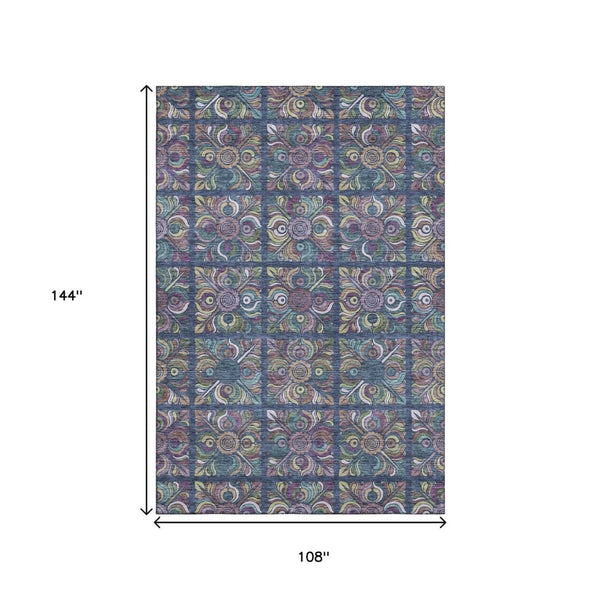 HomeRoots 9' X 12' Vibrant Medallion Area Rug in Navy, Purple, and Teal - Washable, UV-Protected, Durable Design 667702