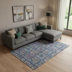HomeRoots 9' X 12' Vibrant Medallion Area Rug in Navy, Purple, and Teal - Washable, UV-Protected, Durable Design 667702
