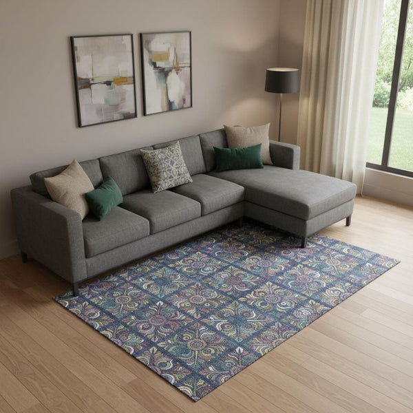 HomeRoots 9' X 12' Vibrant Medallion Area Rug in Navy, Purple, and Teal - Washable, UV-Protected, Durable Design 667702
