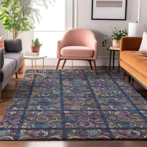 HomeRoots 9' X 12' Vibrant Medallion Area Rug in Navy, Purple, and Teal - Washable, UV-Protected, Durable Design 667702