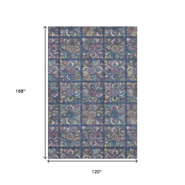 HomeRoots 10' X 14' Washable Medallion Area Rug in Navy Blue, Purple & Teal - Stain Resistant & UV Protected 667703