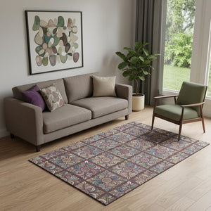 HomeRoots 5' X 8' Medallion Area Rug in Rust, Purple & Teal - Washable, UV Protected, Perfect for High-Traffic Spaces 667705