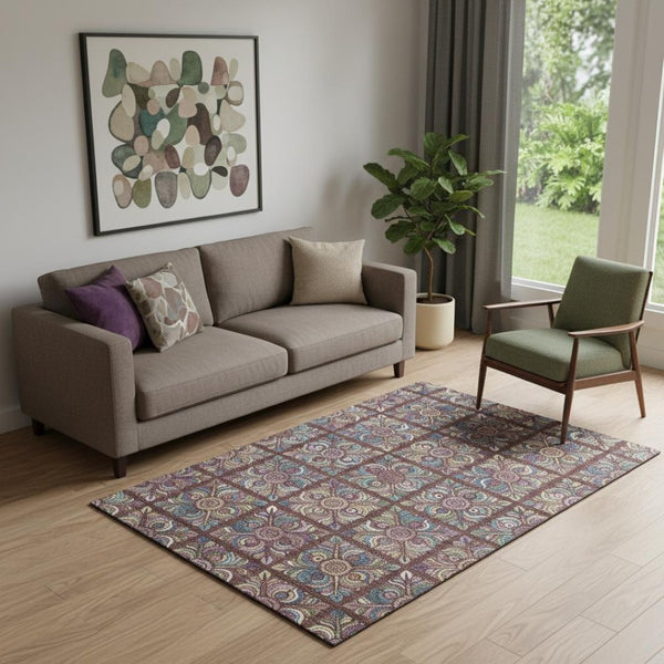HomeRoots 5' X 8' Medallion Area Rug in Rust, Purple & Teal - Washable, UV Protected, Perfect for High-Traffic Spaces 667705