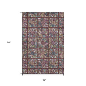 HomeRoots 5' X 8' Medallion Area Rug in Rust, Purple & Teal - Washable, UV Protected, Perfect for High-Traffic Spaces 667705