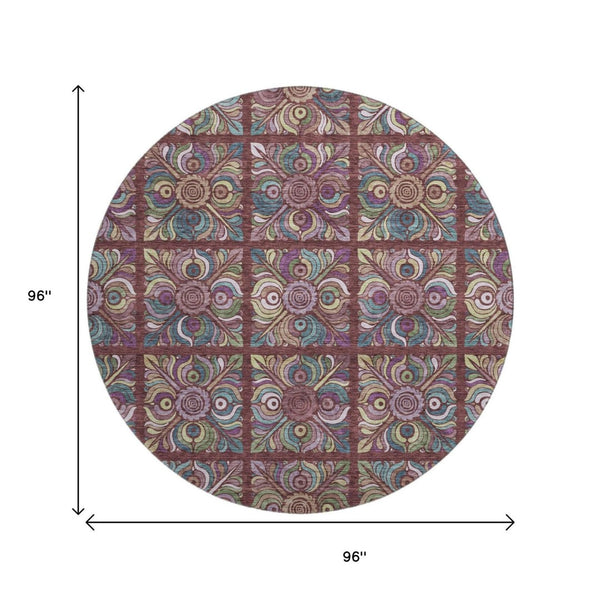 HomeRoots 8' Washable Round Rug in Rust, Purple & Teal Medallion Design - UV Protected & Stain Resistant! 667706