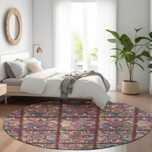 HomeRoots 8' Washable Round Rug in Rust, Purple & Teal Medallion Design - UV Protected & Stain Resistant! 667706