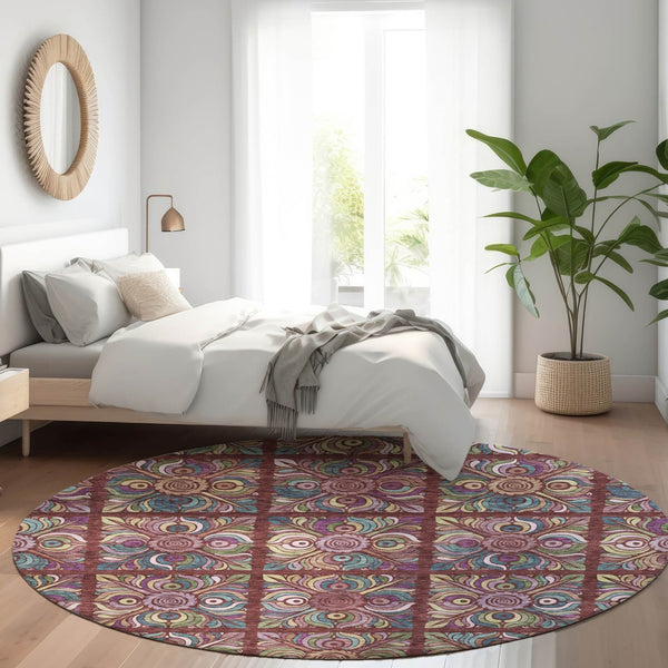 HomeRoots 8' Washable Round Rug in Rust, Purple & Teal Medallion Design - UV Protected & Stain Resistant! 667706