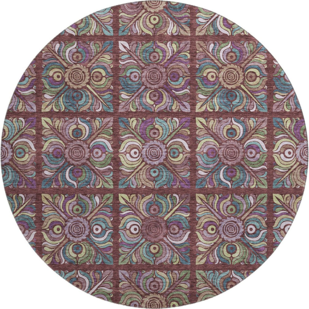 HomeRoots 8' Washable Round Rug in Rust, Purple & Teal Medallion Design - UV Protected & Stain Resistant! 667706