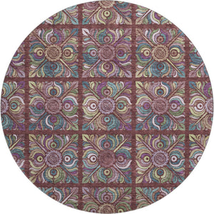 HomeRoots 8' Washable Round Rug in Rust, Purple & Teal Medallion Design - UV Protected & Stain Resistant! 667706