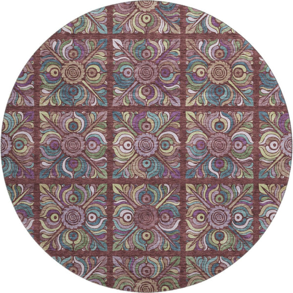 HomeRoots 8' Washable Round Rug in Rust, Purple & Teal Medallion Design - UV Protected & Stain Resistant! 667706