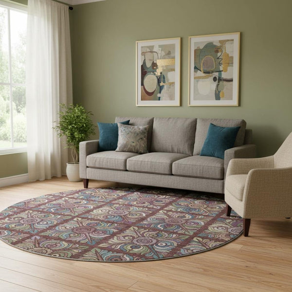 HomeRoots 8' Washable Round Rug in Rust, Purple & Teal Medallion Design - UV Protected & Stain Resistant! 667706