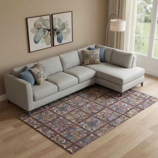 HomeRoots 8' X 10' Washable Medallion Area Rug in Rust, Purple & Teal - Stain-Resistant, UV Protected Design 667707