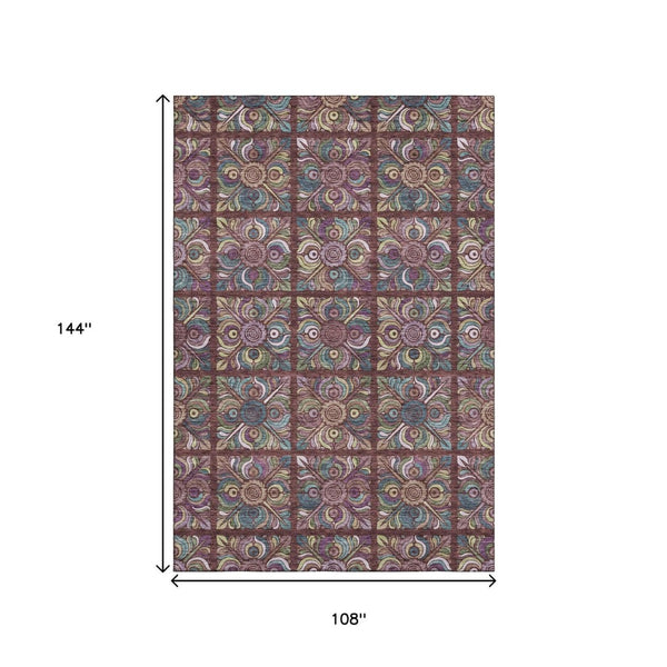 HomeRoots 9' X 12' Washable Medallion Area Rug in Rust, Purple & Teal - Durable, Stain-Resistant & UV Protected! 667708