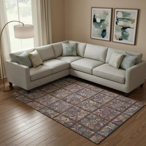 HomeRoots 9' X 12' Washable Medallion Area Rug in Rust, Purple & Teal - Durable, Stain-Resistant & UV Protected! 667708