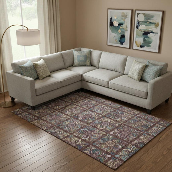 HomeRoots 9' X 12' Washable Medallion Area Rug in Rust, Purple & Teal - Durable, Stain-Resistant & UV Protected! 667708