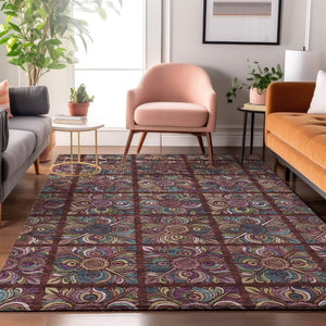 HomeRoots 9' X 12' Washable Medallion Area Rug in Rust, Purple & Teal - Durable, Stain-Resistant & UV Protected! 667708