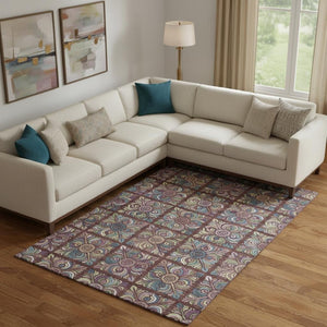 HomeRoots 10' X 14' Washable Medallion Area Rug in Rust, Purple & Teal - Stain Resistant & UV Protected! 667709