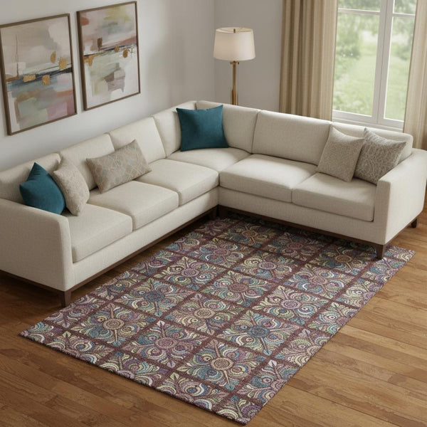 HomeRoots 10' X 14' Washable Medallion Area Rug in Rust, Purple & Teal - Stain Resistant & UV Protected! 667709