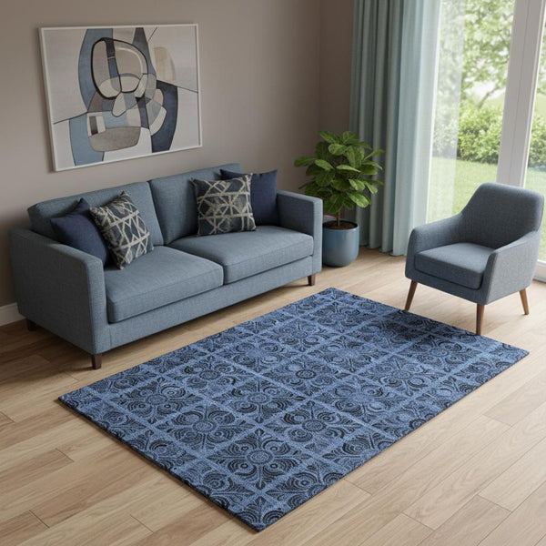 HomeRoots 5' X 8' Denim Blue & Charcoal Medallion Rug - Washable, UV-Protected, Durable for Busy Homes! 667731