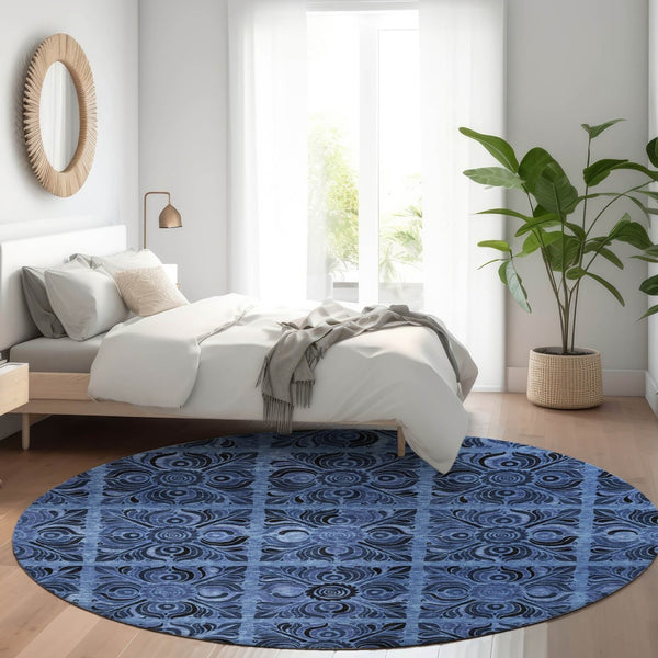 HomeRoots 8' Denim Blue & Charcoal Medallion Washable Round Rug - Durable, Stain-Resistant, UV Protected Design! 667732