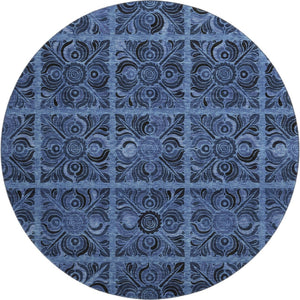 HomeRoots 8' Denim Blue & Charcoal Medallion Washable Round Rug - Durable, Stain-Resistant, UV Protected Design! 667732