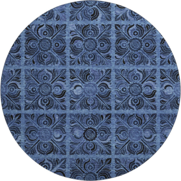 HomeRoots 8' Denim Blue & Charcoal Medallion Washable Round Rug - Durable, Stain-Resistant, UV Protected Design! 667732