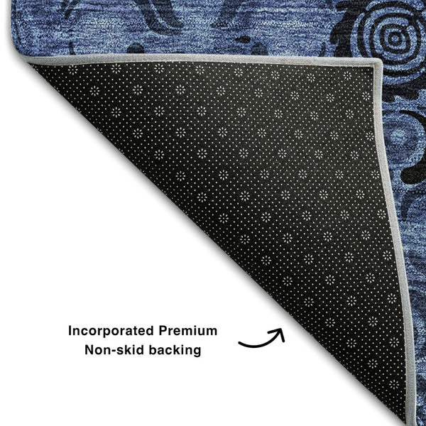 HomeRoots 8' Denim Blue & Charcoal Medallion Washable Round Rug - Durable, Stain-Resistant, UV Protected Design! 667732