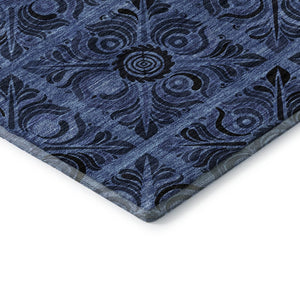 HomeRoots 8' Denim Blue & Charcoal Medallion Washable Round Rug - Durable, Stain-Resistant, UV Protected Design! 667732