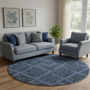 HomeRoots 8' Denim Blue & Charcoal Medallion Washable Round Rug - Durable, Stain-Resistant, UV Protected Design! 667732
