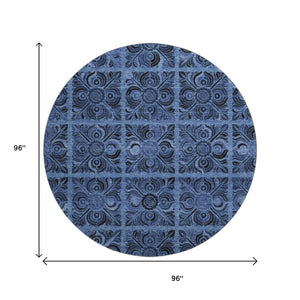 HomeRoots 8' Denim Blue & Charcoal Medallion Washable Round Rug - Durable, Stain-Resistant, UV Protected Design! 667732