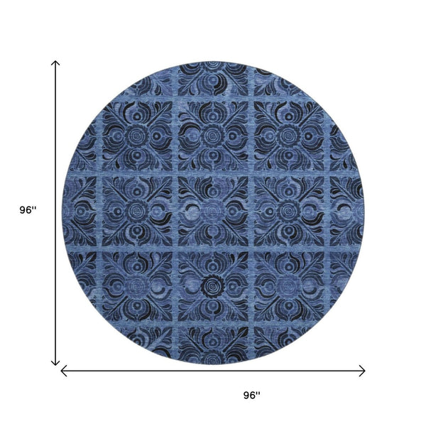 HomeRoots 8' Denim Blue & Charcoal Medallion Washable Round Rug - Durable, Stain-Resistant, UV Protected Design! 667732