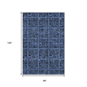 HomeRoots 8' X 10' Denim Blue Charcoal Medallion Area Rug - Durable, Washable, UV-Protected for Family Homes 667733