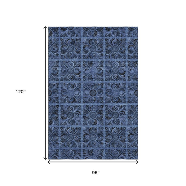 HomeRoots 8' X 10' Denim Blue Charcoal Medallion Area Rug - Durable, Washable, UV-Protected for Family Homes 667733