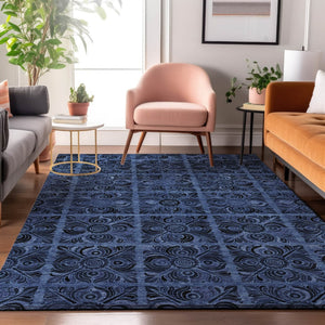 HomeRoots 8' X 10' Denim Blue Charcoal Medallion Area Rug - Durable, Washable, UV-Protected for Family Homes 667733