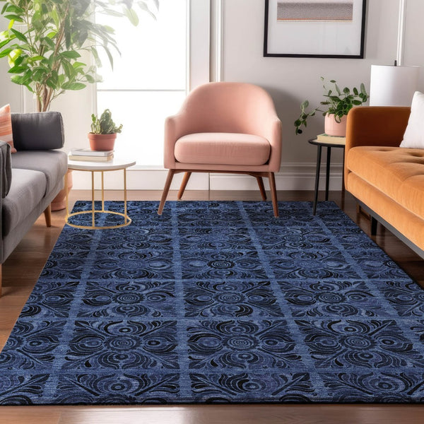 HomeRoots 8' X 10' Denim Blue Charcoal Medallion Area Rug - Durable, Washable, UV-Protected for Family Homes 667733